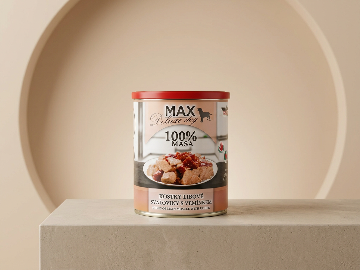 MAX Deluxe Dog kostky libové svaloviny s vemínkem, konzerva 800 g
