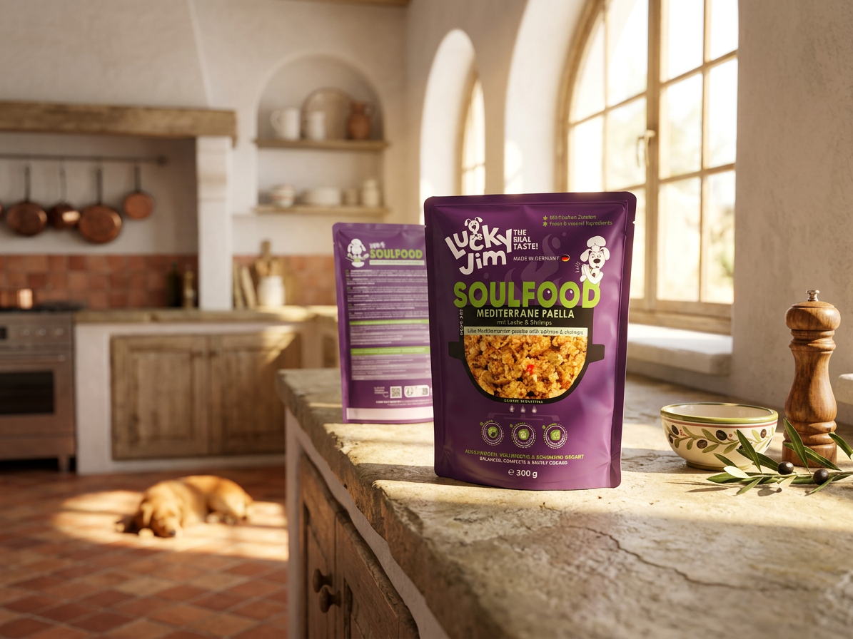 Kapsička pro psy Lucky Jim Soulfood Paella Středomořská paella s lososem a krevetami, 300 g