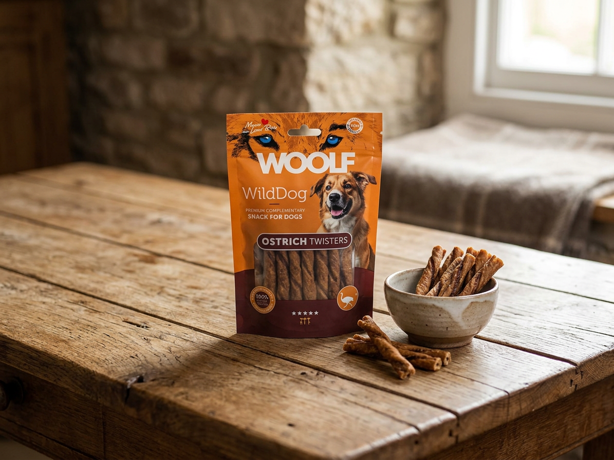 Pamlsek pro psy WOOLF WildDog poch. Twister Ostrich, 100 g