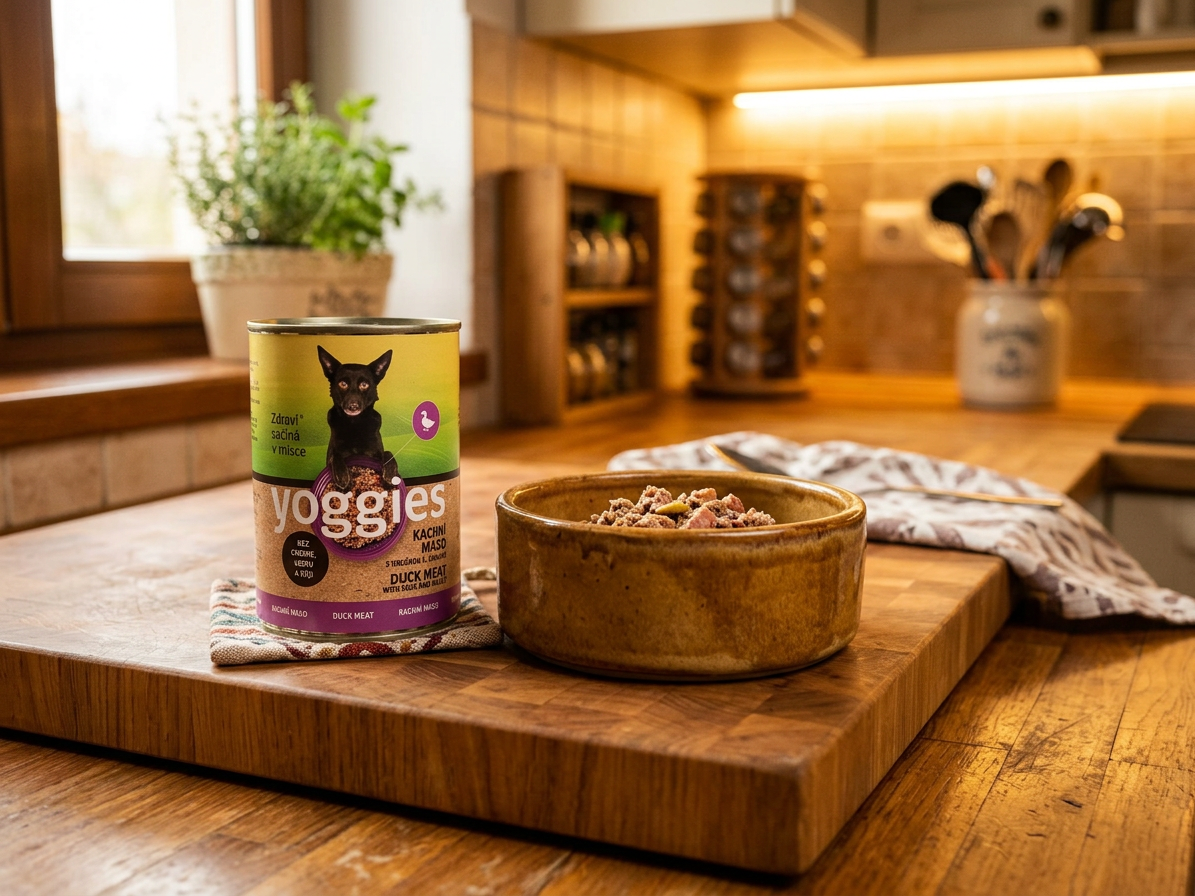 Konzerva pro psy Yoggies kachní maso s hruškou a jáhlami 400g