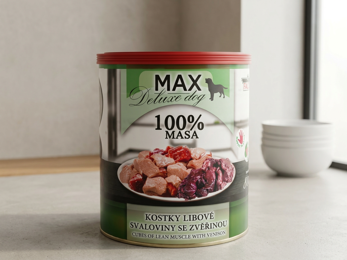 MAX Deluxe Dog kostky libové svaloviny se zvěřinou, konzerva 800 g