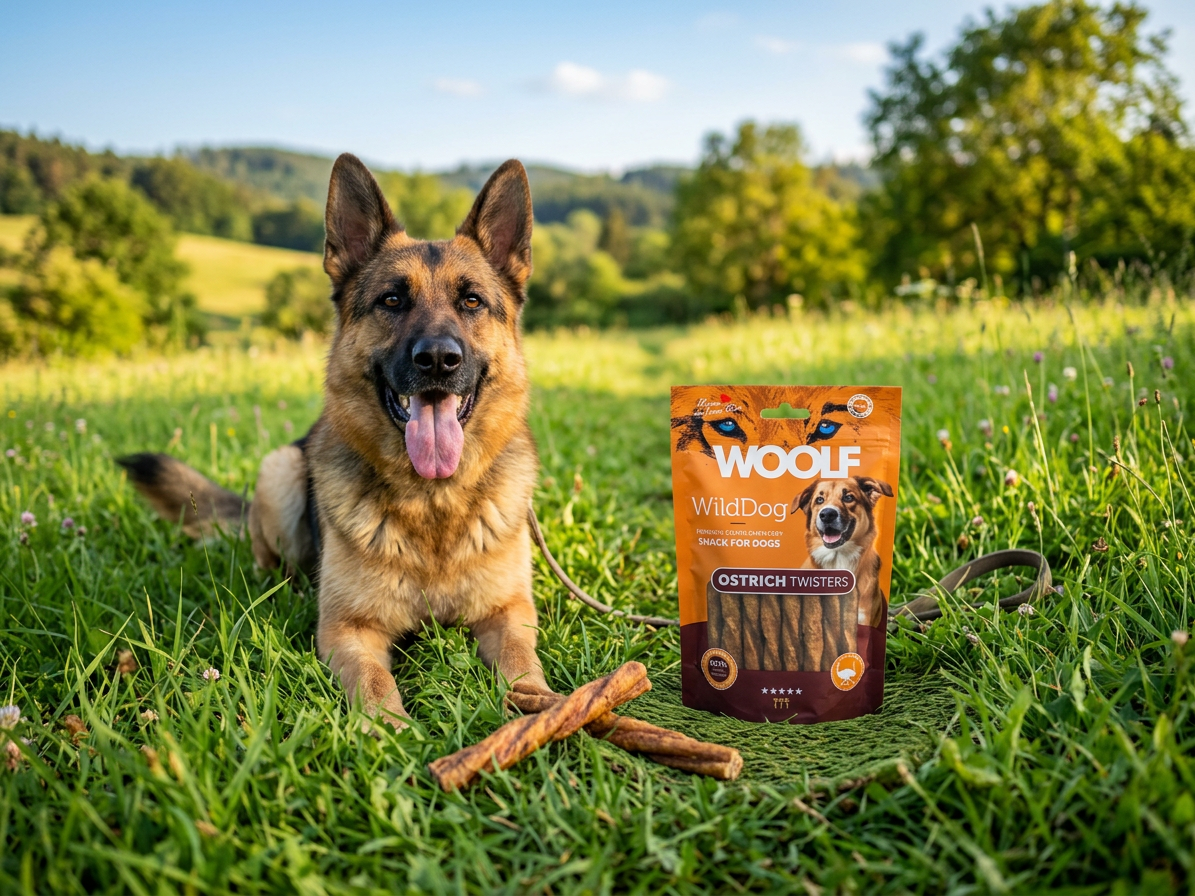 Pamlsek pro psy WOOLF WildDog poch. Twister Ostrich, 100 g