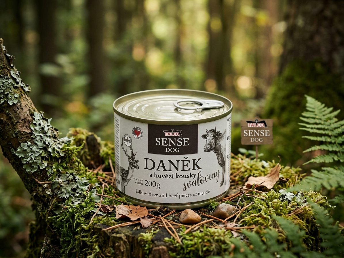 FALCO SENSE Dog daněk a hovězí kousky svaloviny, konzerva 200 g