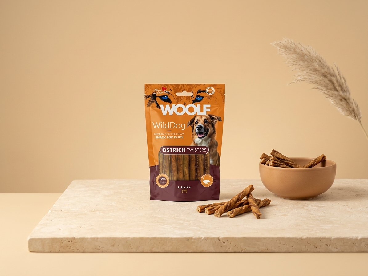 Pamlsek pro psy WOOLF WildDog poch. Twister Ostrich, 100 g