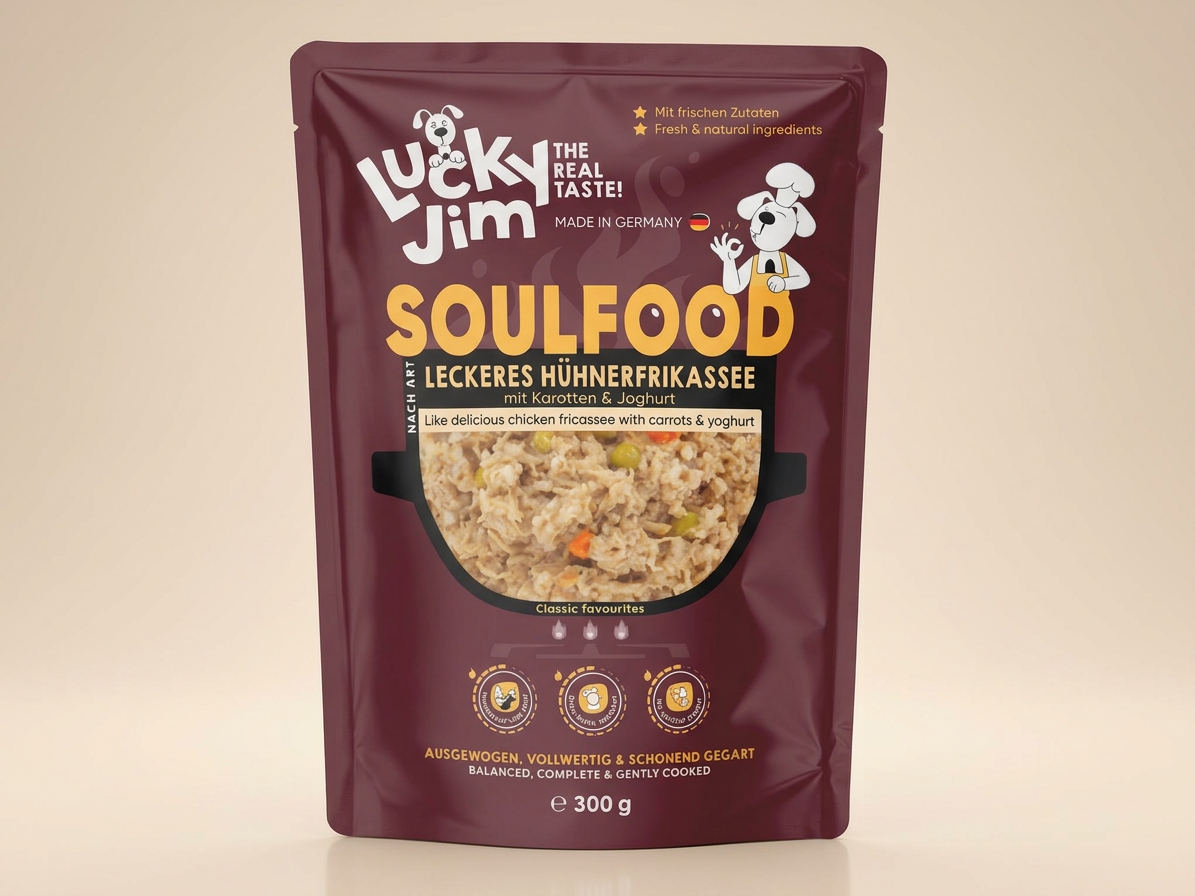 Kapsička pro psy Lucky Jim Soulfood Hühnerfrikassee Kuřecí frikasé s mrkví a jogurtem, 300 g