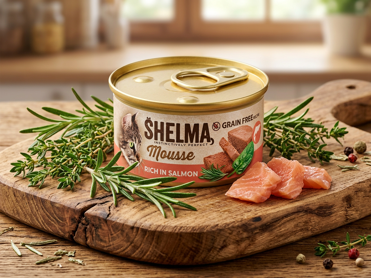 Konzerva pro kočky Shelma Cat Mousse losos, špenát, rozmarýn GF, 85 g
