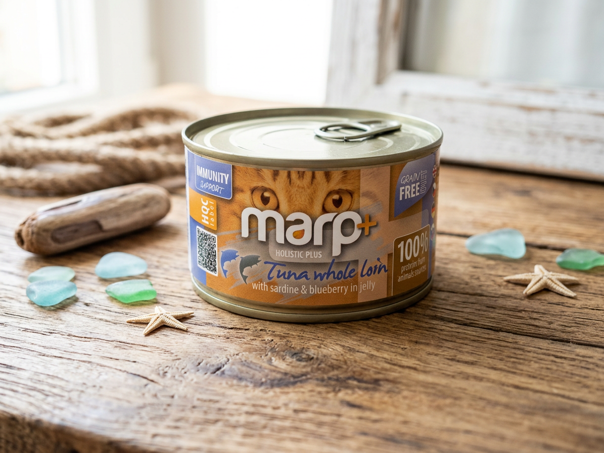 Marp Holistic Plus konzerva pro kočky – Tuňák se sardinkami a borůvkami v želé 70g