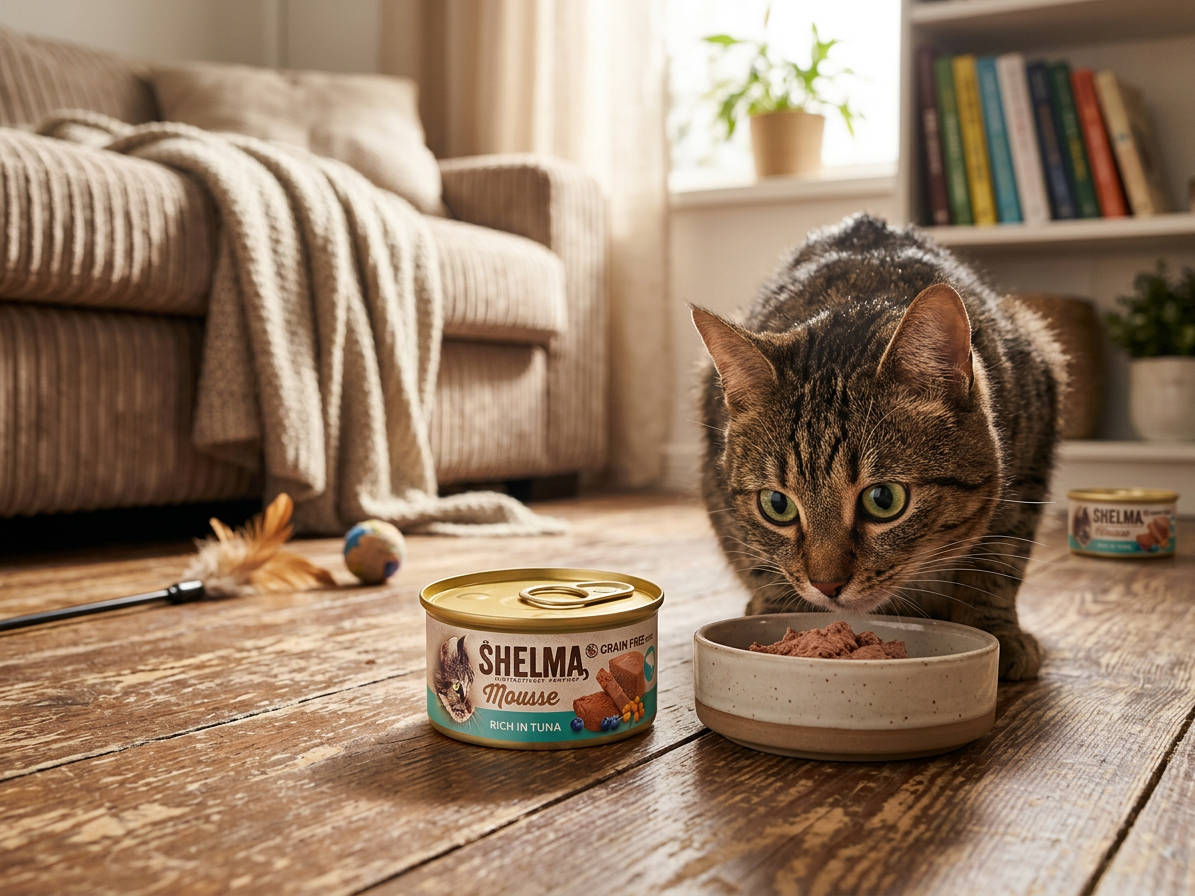 Konzerva pro kočky Shelma Cat Mousse tuňák, borůvky, rakytník GF, 85 g
