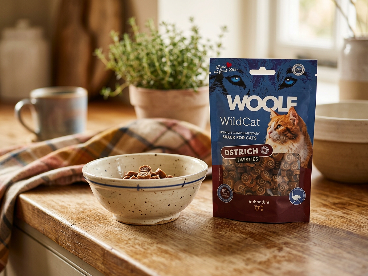 Pamlsek pro kočky WOOLF WildCat Twisties Snack Ostrich, 50 g