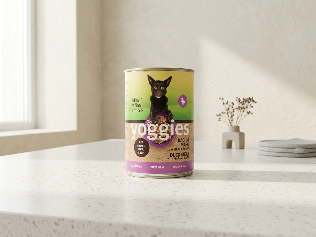 Konzerva pro psy Yoggies kachní maso s hruškou a jáhlami 400g