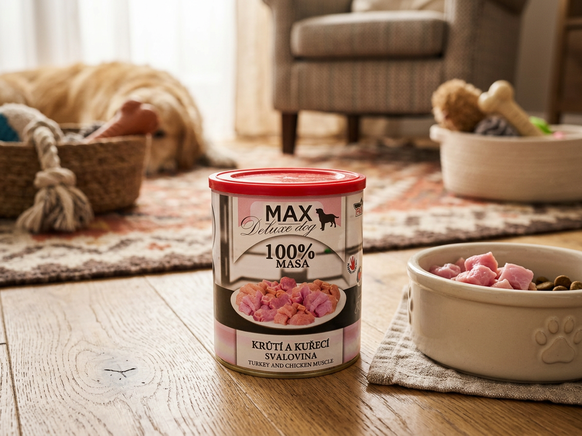 MAX Deluxe Dog krůtí a kuřecí svalovina, konzerva 800 g