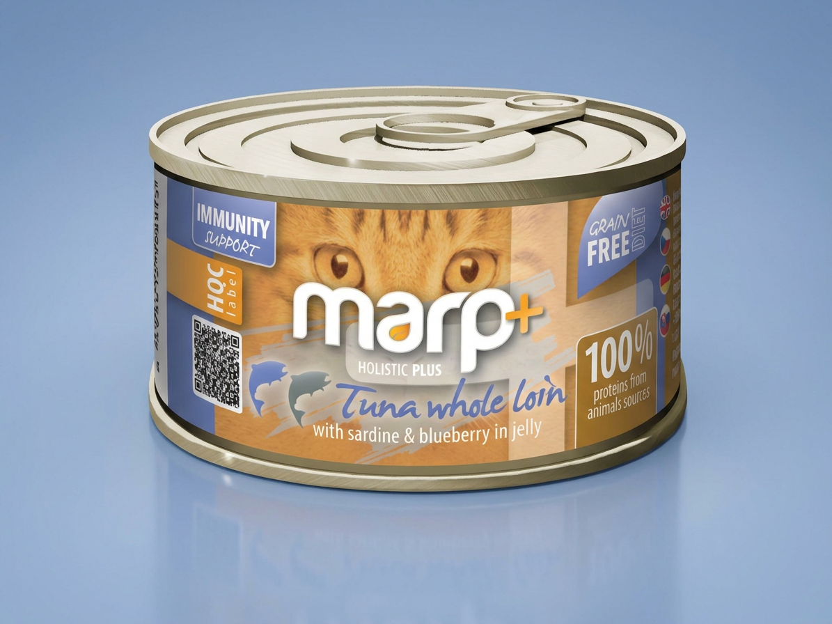 Marp Holistic Plus konzerva pro kočky – Tuňák se sardinkami a borůvkami v želé 70g