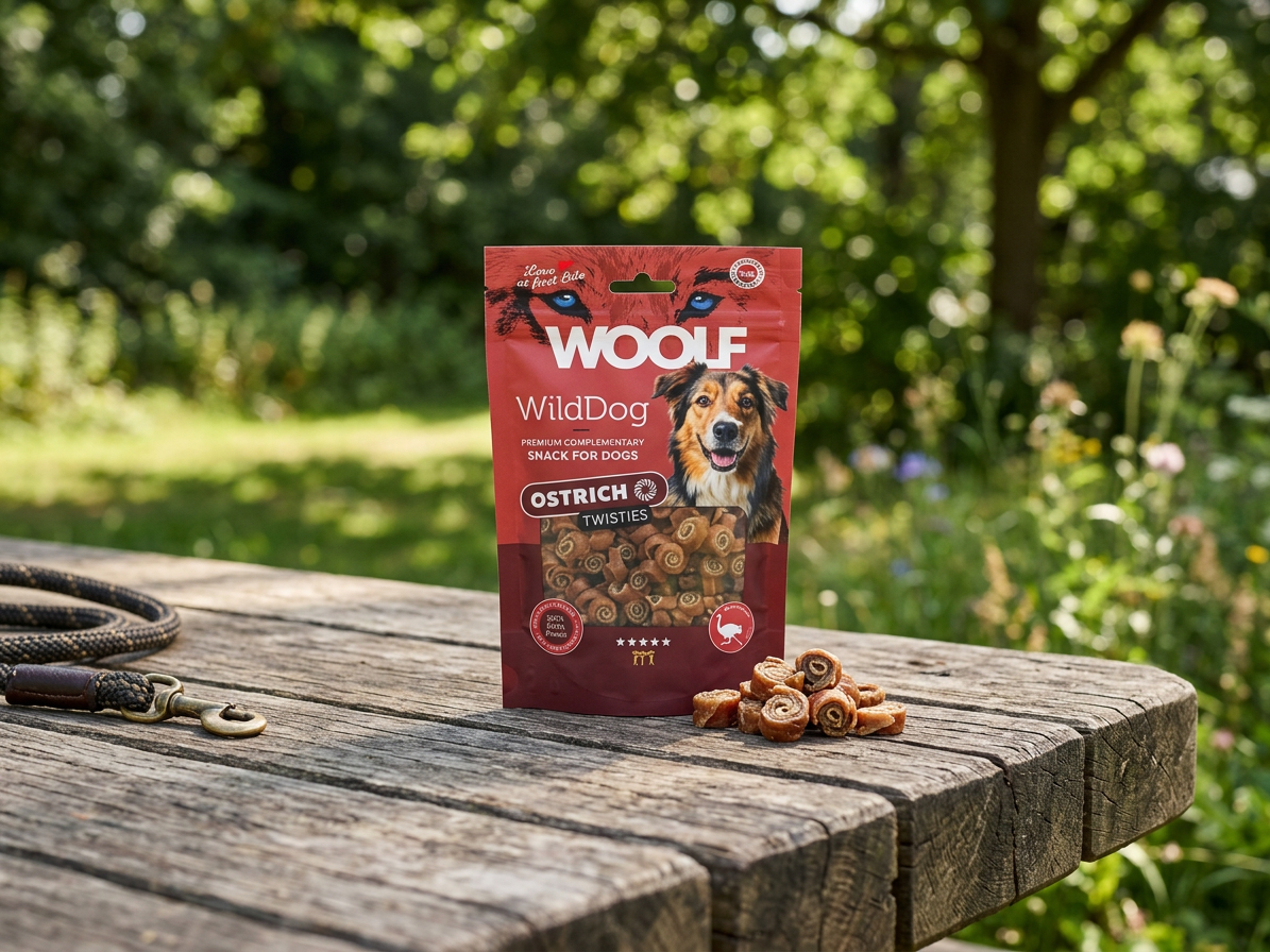 Pamlsek pro psy WOOLF WildDog poch. Twisties Ostrich&Cod, 100 g