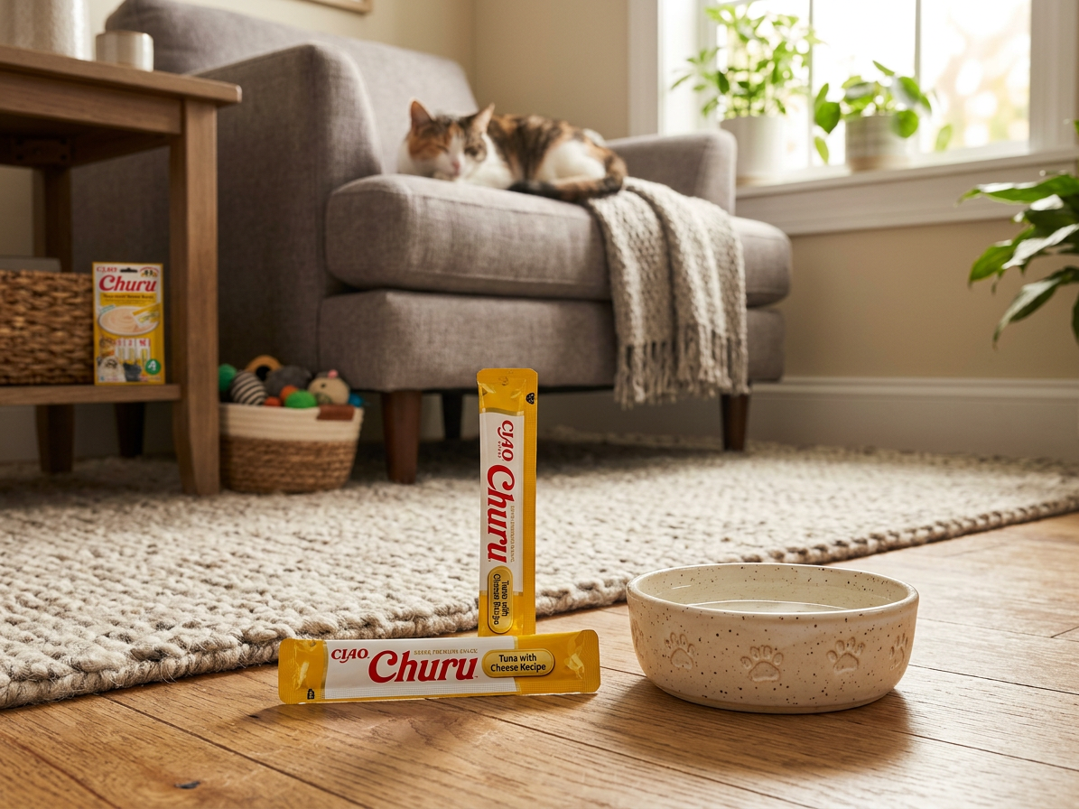 Churu Cat masové pyré pro kočky – tuňák a sýr 4×14 g