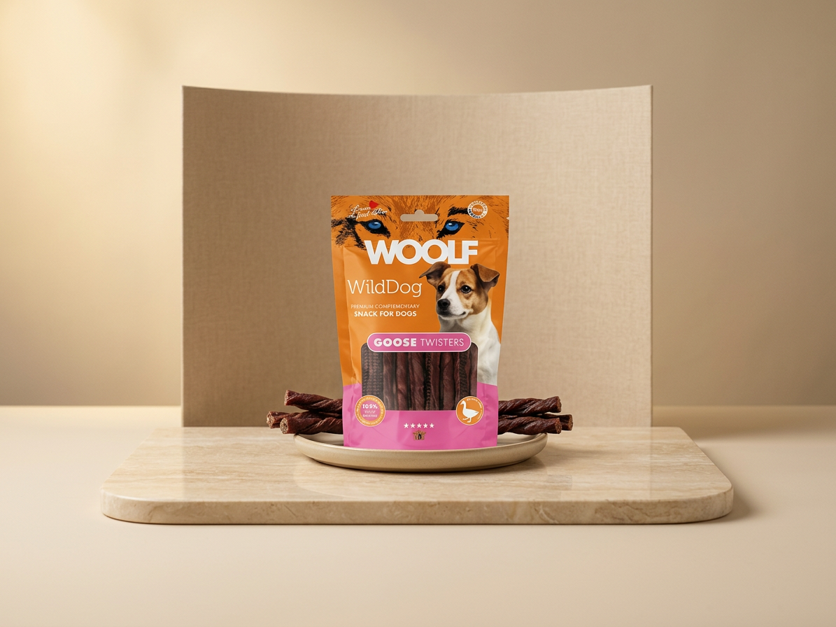 Pamlsek pro psy WOOLF WildDog poch. Twister Goose, 100 g