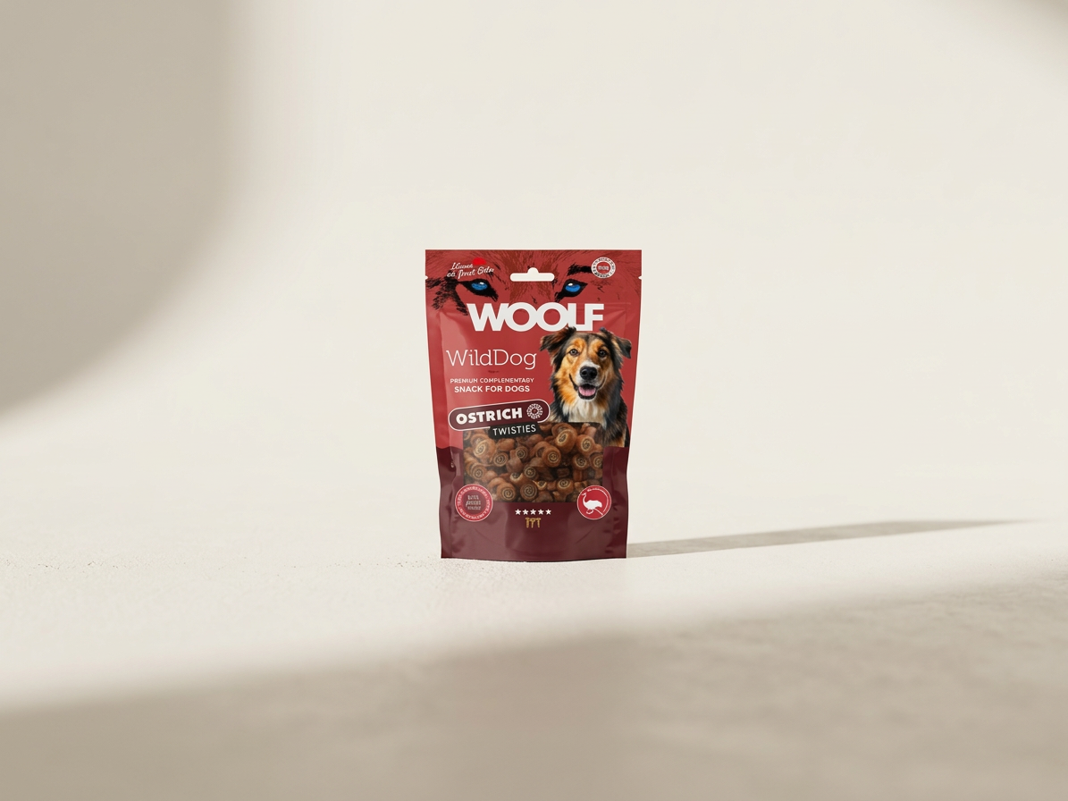 Pamlsek pro psy WOOLF WildDog poch. Twisties Ostrich&Cod, 100 g