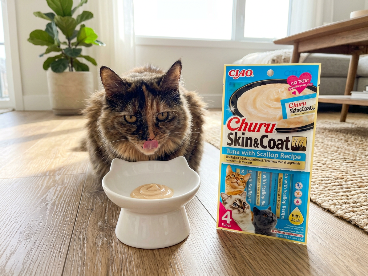 Churu cat masové pyré pro krásnou srst a kůži - tuňák, hřebenatky 56g