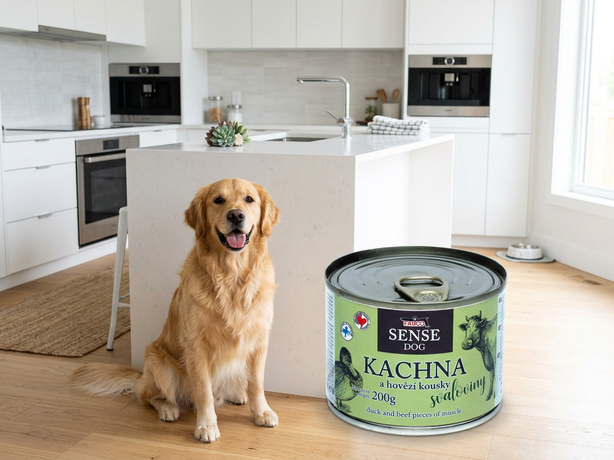 FALCO SENSE Dog kachna a hovězí kousky svaloviny, konzerva 200 g