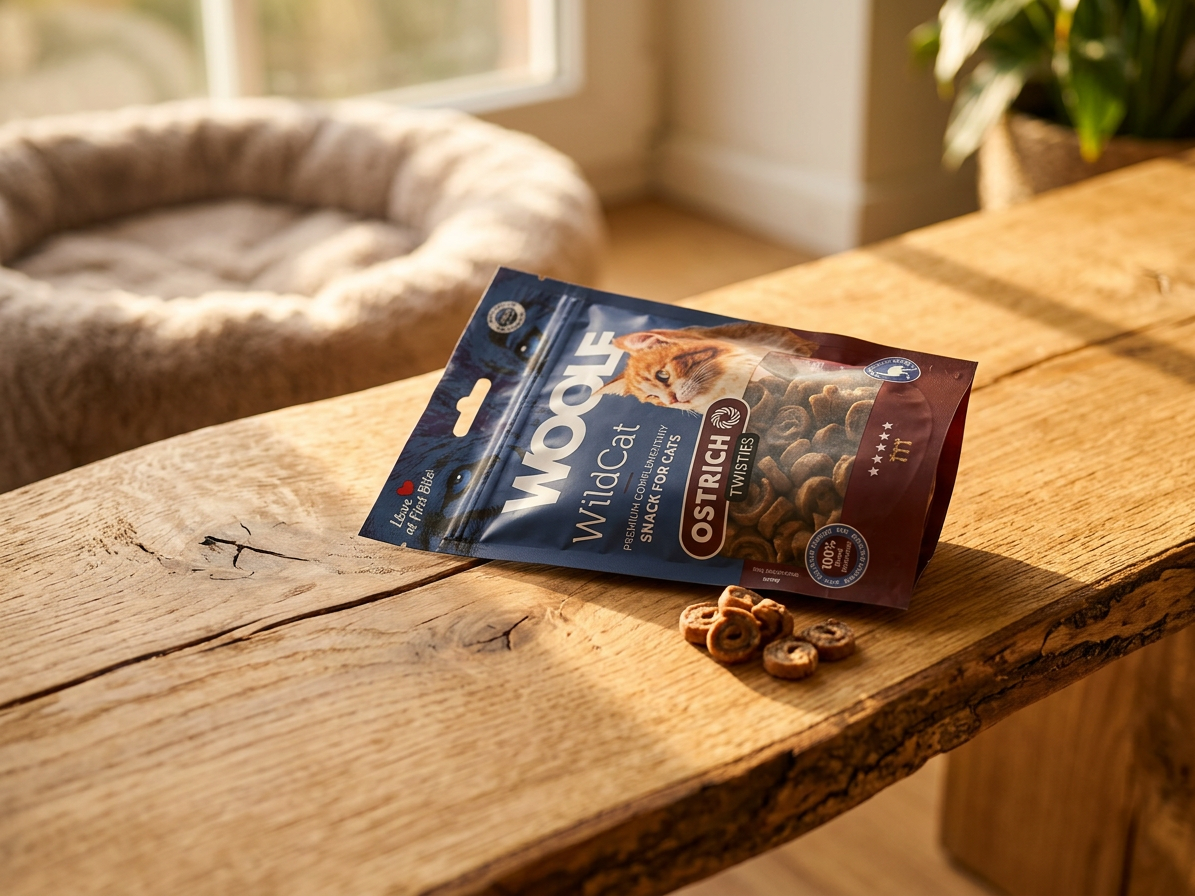 Pamlsek pro kočky WOOLF WildCat Twisties Snack Ostrich, 50 g