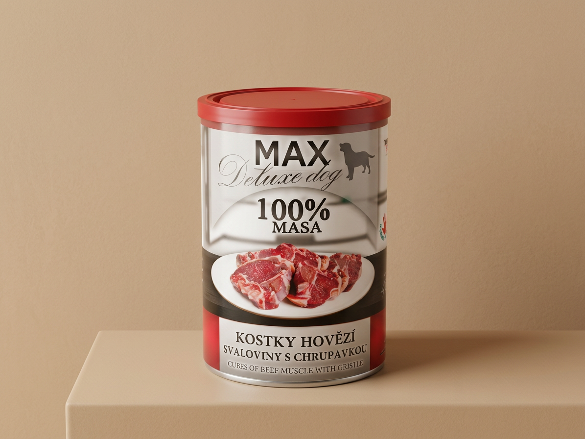 MAX Deluxe Dog kostky hovězí svaloviny s chrupavkou, konzerva 400 g