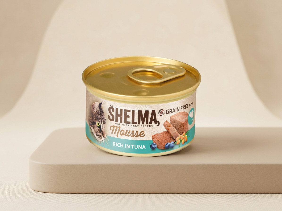 Konzerva pro kočky Shelma Cat Mousse tuňák, borůvky, rakytník GF, 85 g