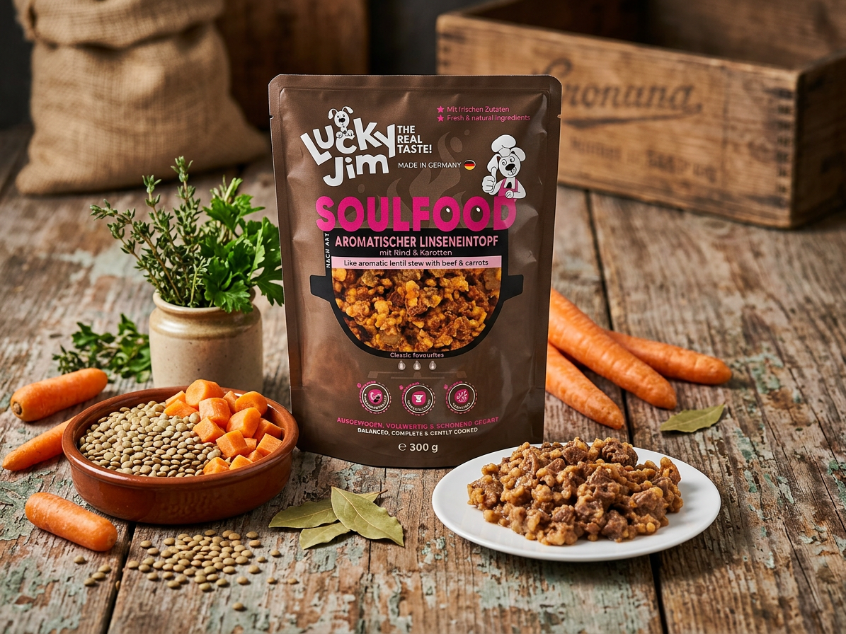 Kapsička pro psy Lucky Jim Soulfood Linseneintopf Čočkový eintopf s hovězím masem a mrkví, 300 g