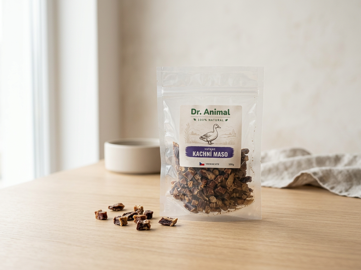 Pamlsek pro psy a kočky Dr. Animal pochoutka Kachní maso kousky, 100 g