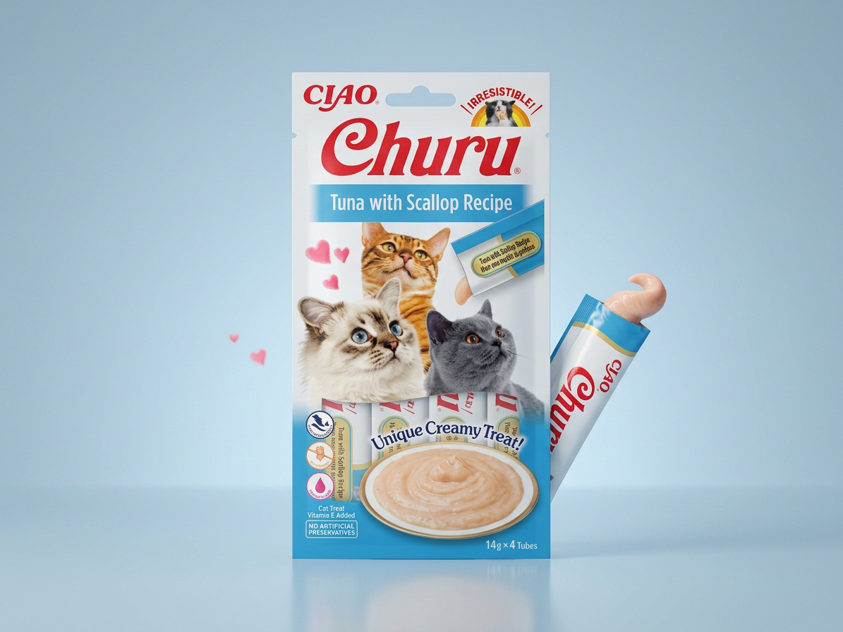 Churu cat masové pyré - tuňák, hřebenatky 56g