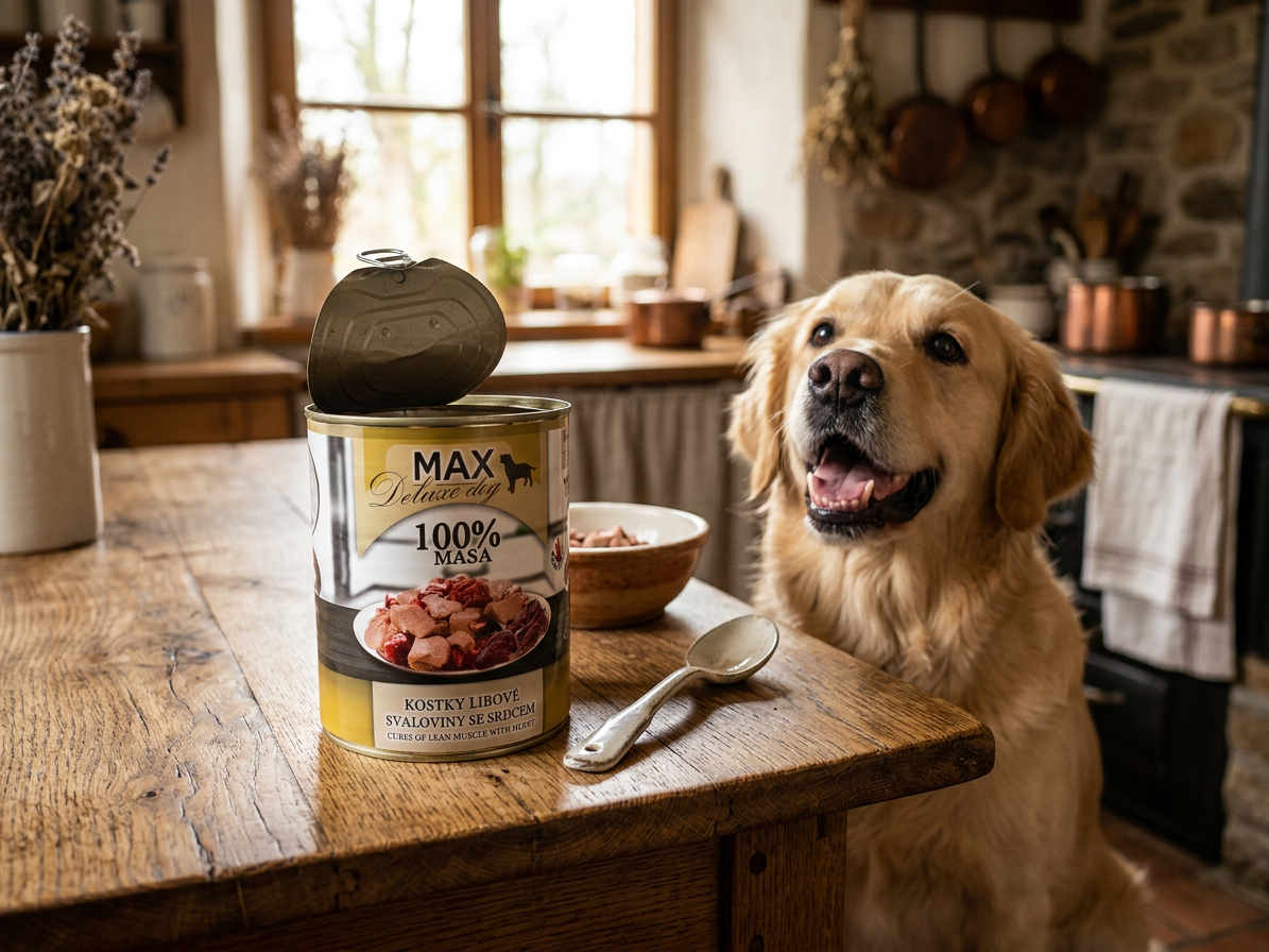 MAX Deluxe Dog kostky libové svaloviny se srdcem, konzerva 800 g