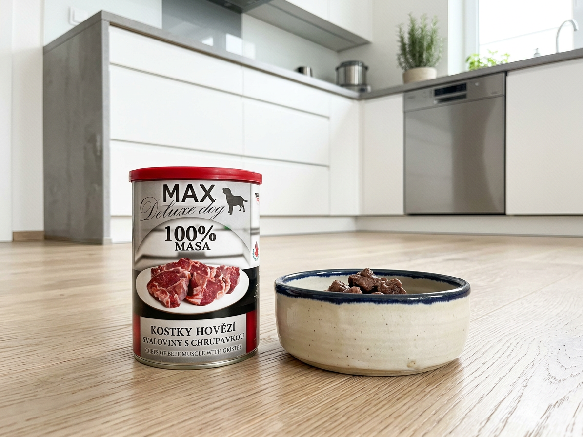 MAX Deluxe Dog kostky hovězí svaloviny s chrupavkou, konzerva 400 g