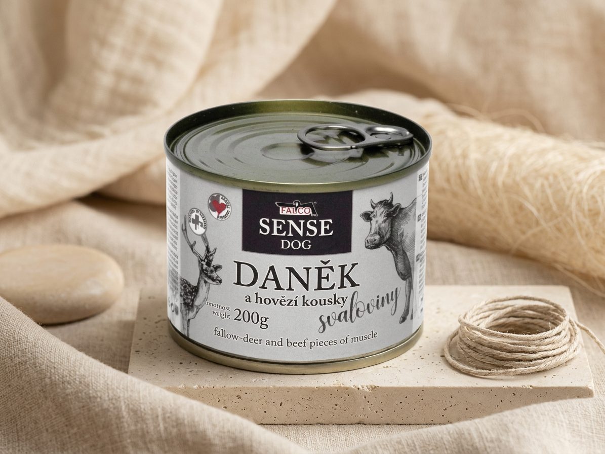 FALCO SENSE Dog daněk a hovězí kousky svaloviny, konzerva 200 g