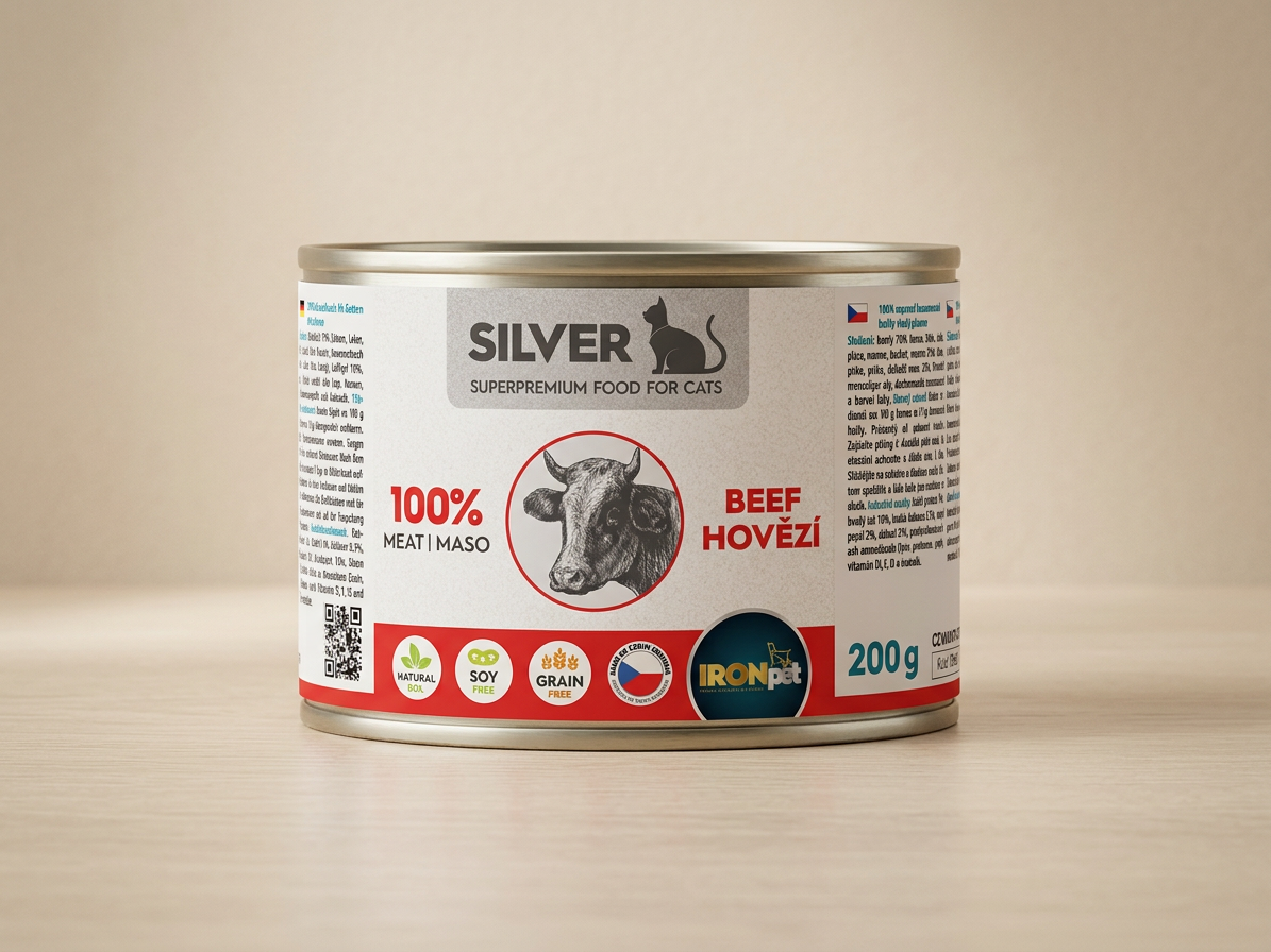 IRONpet Silver Cat Hovězí 100% masa, konzerva 200 g