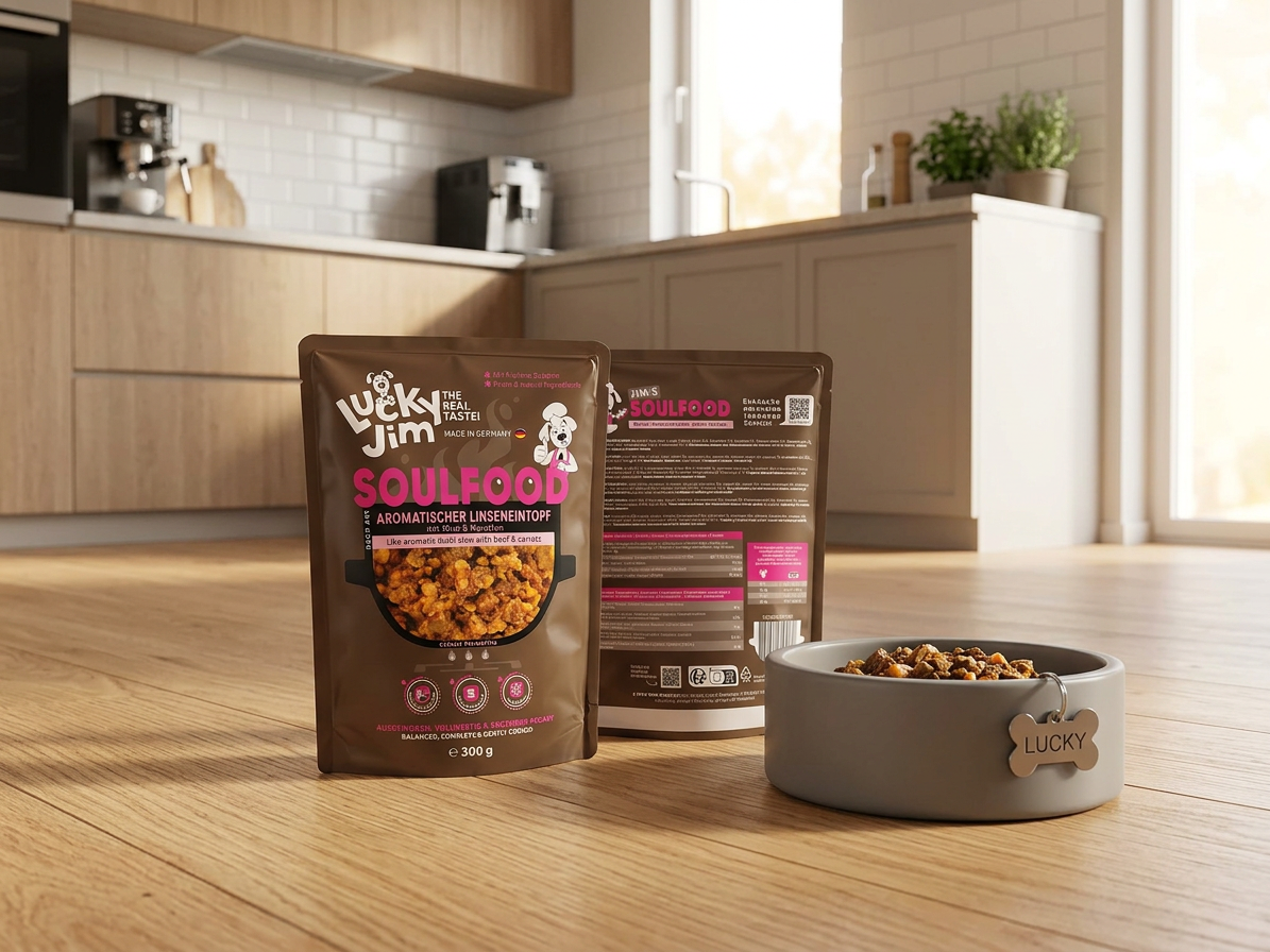 Kapsička pro psy Lucky Jim Soulfood Linseneintopf Čočkový eintopf s hovězím masem a mrkví, 300 g