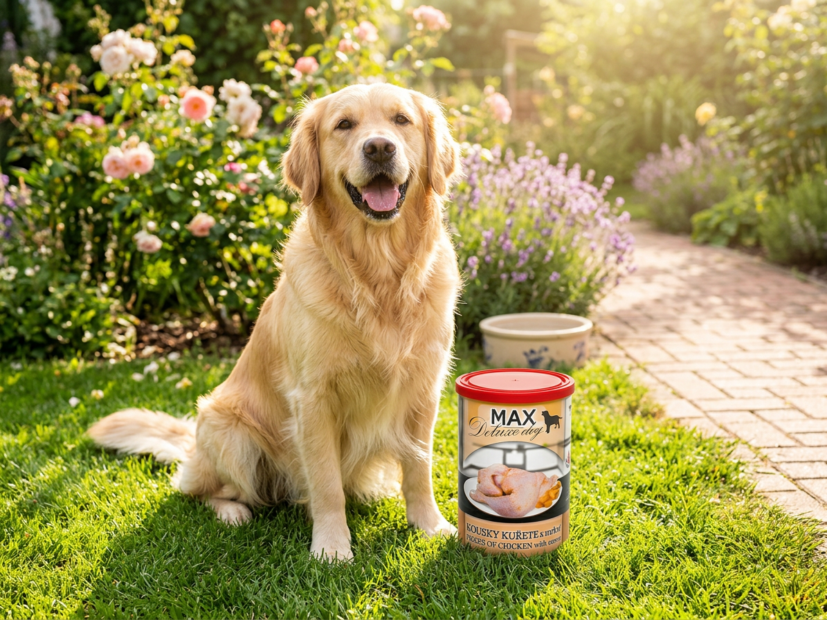 MAX Deluxe Dog kousky kuřete s mrkví, konzerva 400 g
