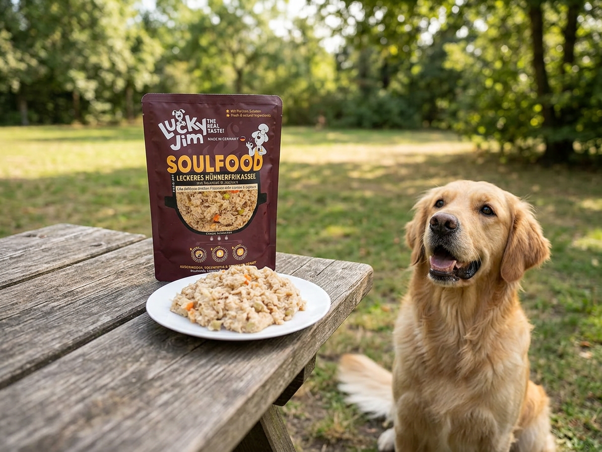 Kapsička pro psy Lucky Jim Soulfood Hühnerfrikassee Kuřecí frikasé s mrkví a jogurtem, 300 g