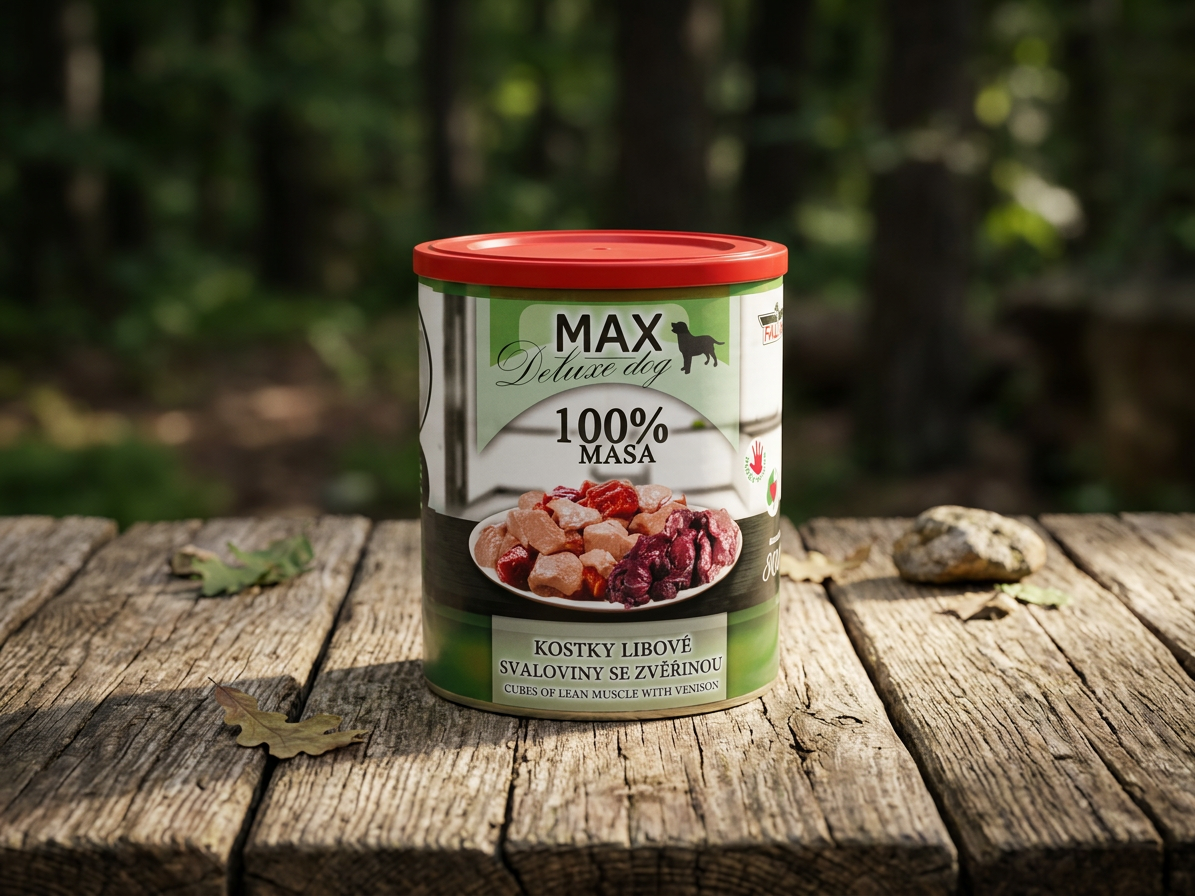 MAX Deluxe Dog kostky libové svaloviny se zvěřinou, konzerva 800 g
