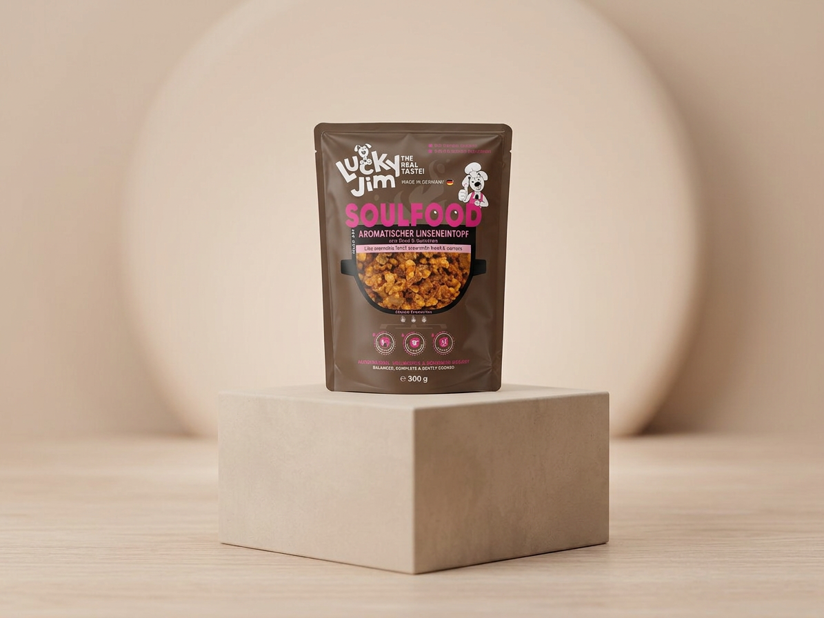 Kapsička pro psy Lucky Jim Soulfood Linseneintopf Čočkový eintopf s hovězím masem a mrkví, 300 g