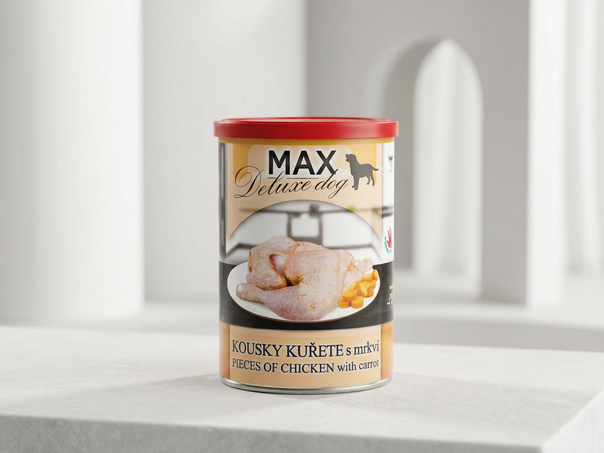 MAX Deluxe Dog kousky kuřete s mrkví, konzerva 400 g