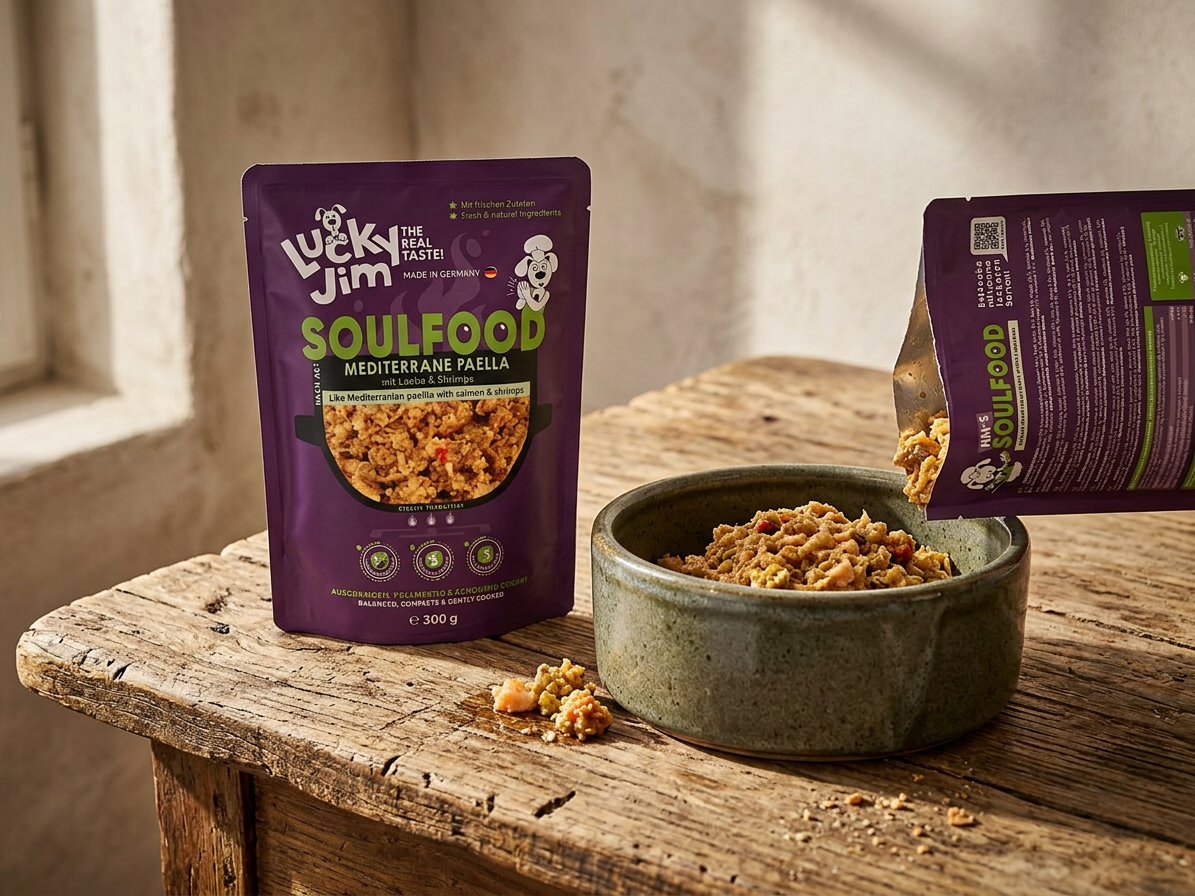 Kapsička pro psy Lucky Jim Soulfood Paella Středomořská paella s lososem a krevetami, 300 g