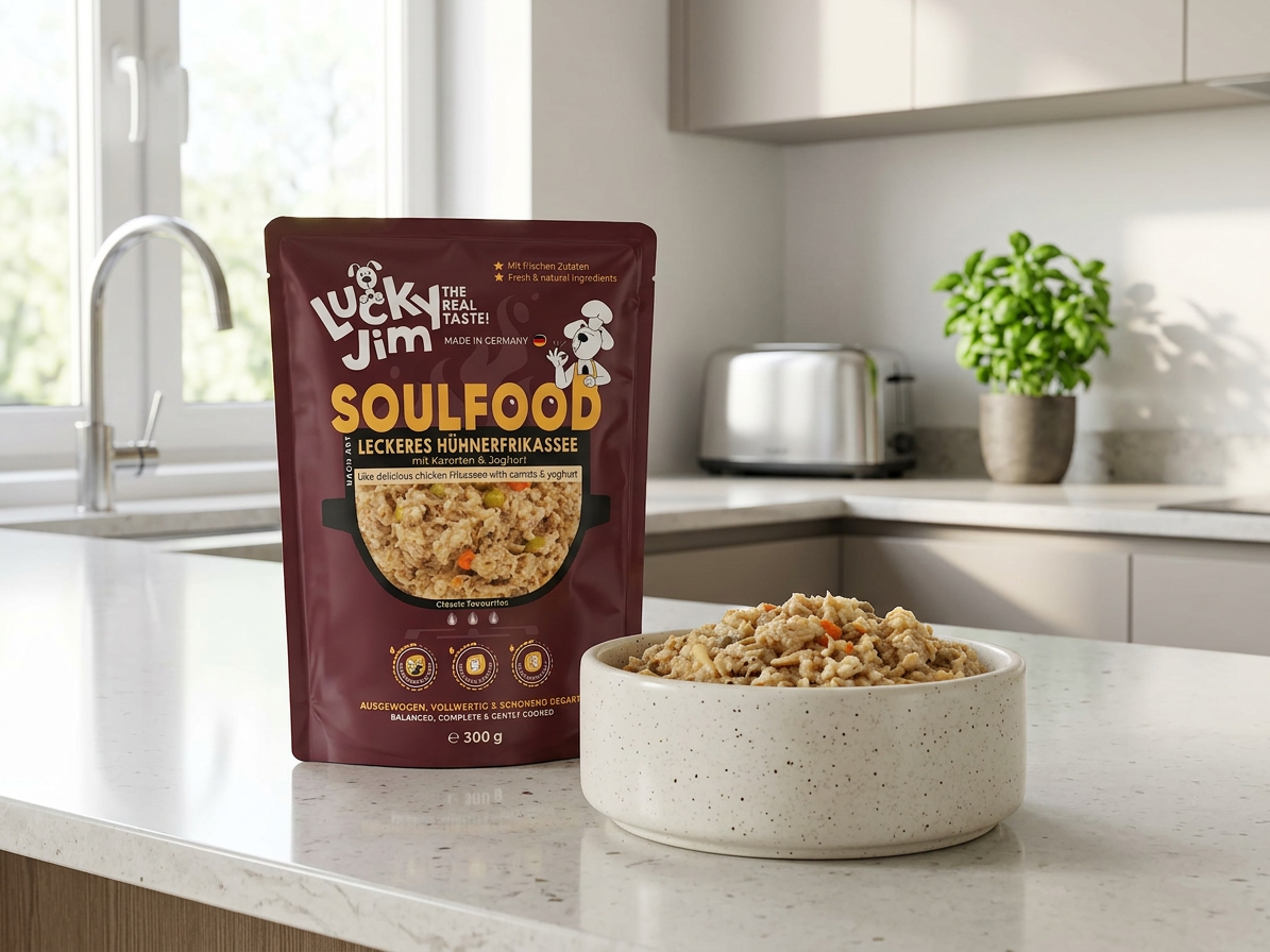 Kapsička pro psy Lucky Jim Soulfood Hühnerfrikassee Kuřecí frikasé s mrkví a jogurtem, 300 g