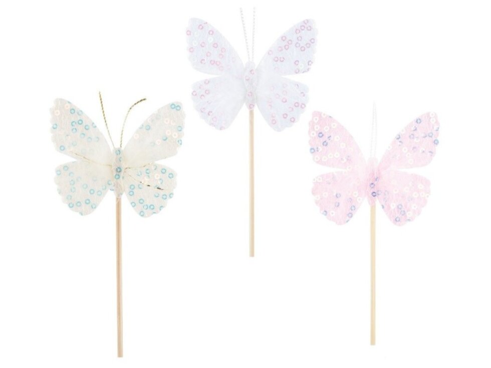 Zápich - Motýlek s flitry a peřím - 7 cm + špejle