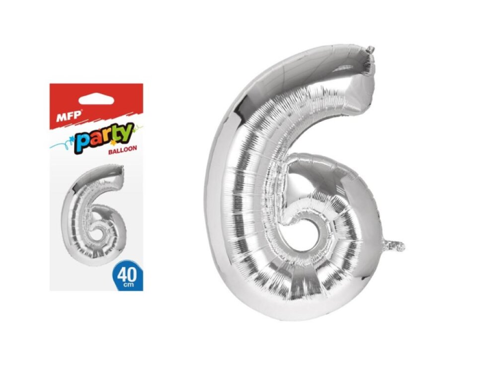 Balónek č. 6 nafukovací fóliový 40 cm - stříbrný