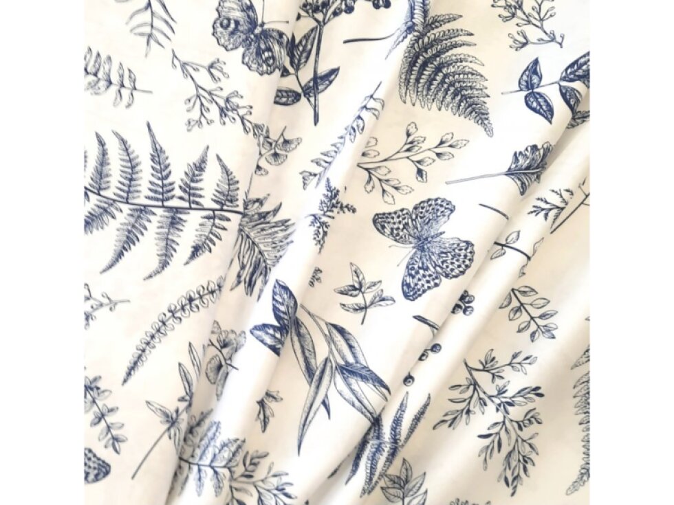 Plátno - Modré kapradiny na bílé š.160