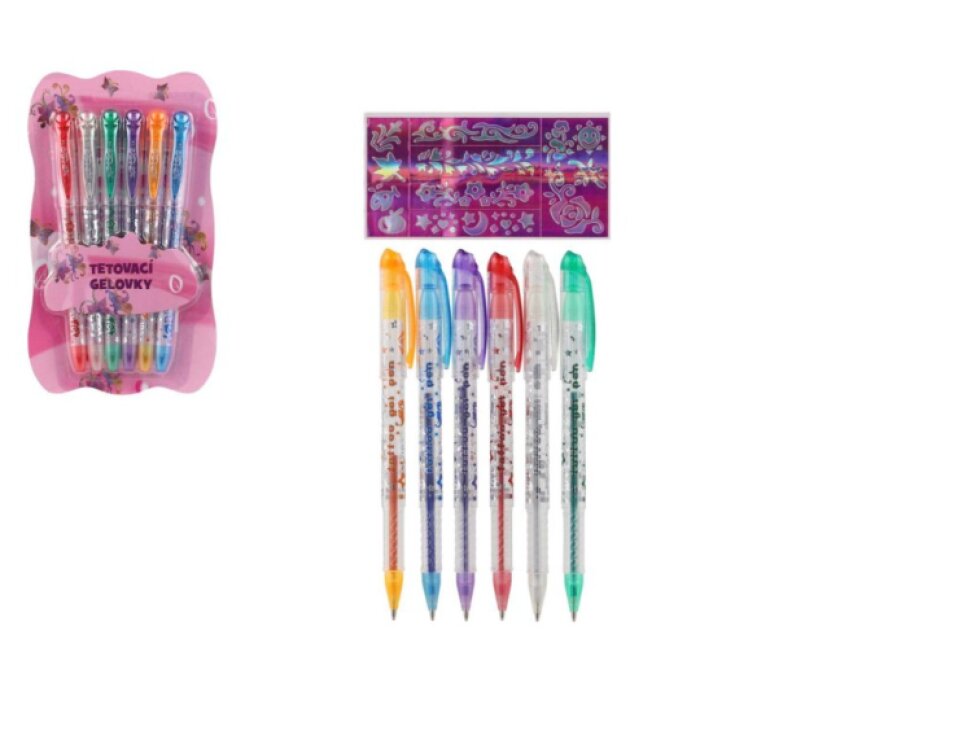 Gelové pero tetovací 6 ks plast + šablony