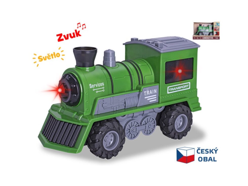 Lokomotiva zelená 22,5cm 1:16 na setrvačník na baterie se světlem a zvukem v krabičce