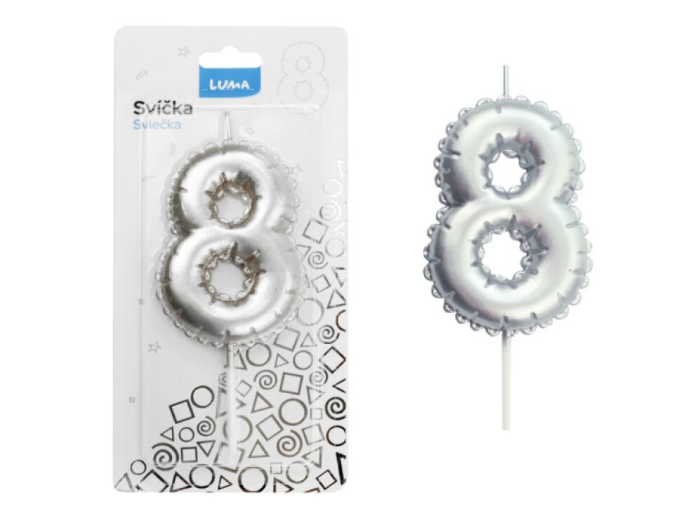 Svíčka č. 8 balónek STŘÍBRNÝ