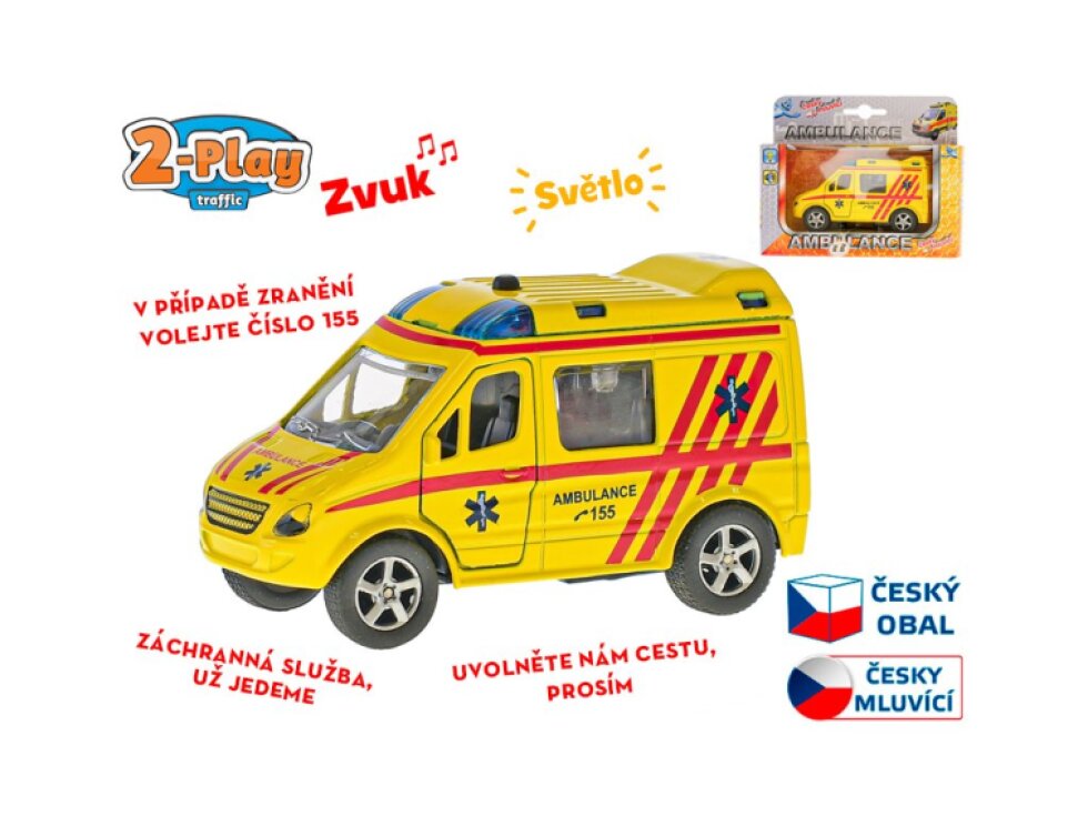 Traffic ambulance CZ 11cm kov zpětný chod na baterie česky mluvící se světlem v krabičce