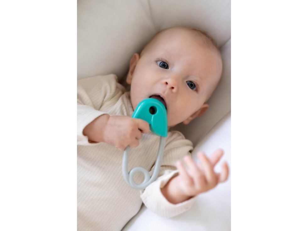 Chrastítko špendlík plast 12cm tyrkysovošedé