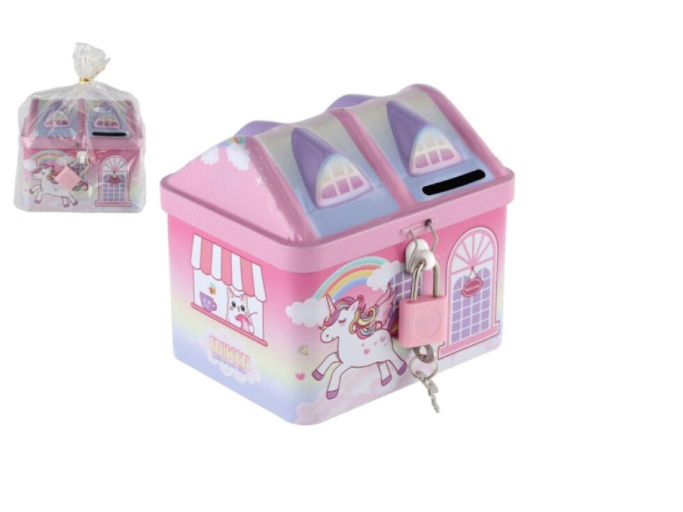 Pokladnička domeček jednorožec plechová se zámkem 11x9cm