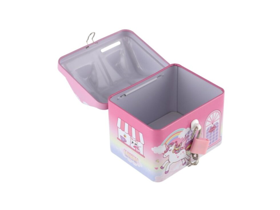 Pokladnička domeček jednorožec plechová se zámkem 11x9cm